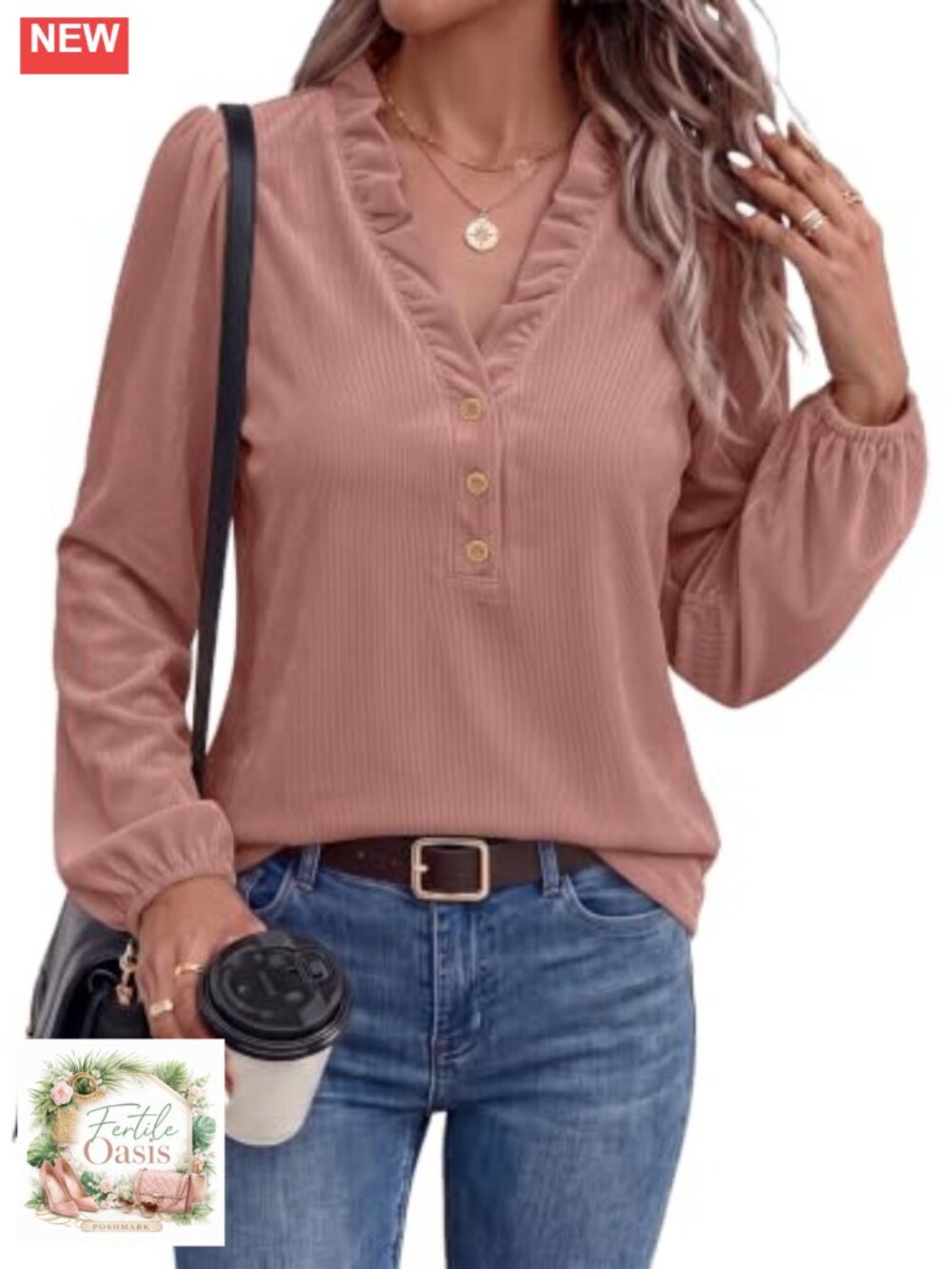 Womens V Neck Ruffle Long Sleeve Velvet Ribbed Knit Blouse Relaxed Fit